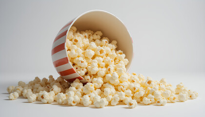 Spilled Popcorn from a Striped Bowl on White Background