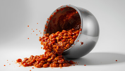 Spilled Canned Baked Beans in Tomato Sauce on White Background