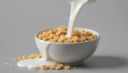 Close-Up of Milk Pouring Over Cereal in a Bowl on Gray Surface