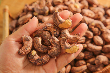 Salt-Baked Vietnamese Cashew Nuts with Purple Skin Held in Hand