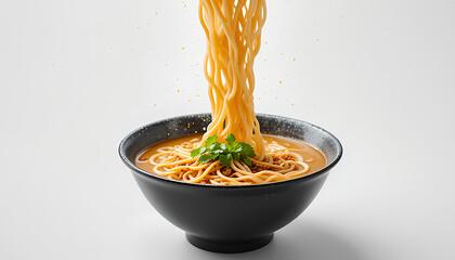 Delicious Bowl of Hot Noodles with Fresh Garnish in a Black Bowl