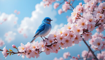 Bluebird Perched on Cherry Blossoms Against a Bright Blue Sky