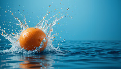 Fresh Orange Splashing Into Blue Water With Vibrant Drops And Ripples