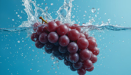 Fresh Grapes Splashing into Water with Blue Background
