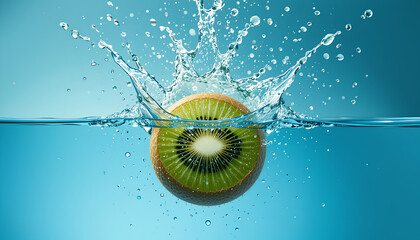 Refreshing Kiwi Splash in Clear Water on Blue Background