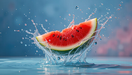 Vivid Watermelon Splashing in Refreshing Water with a Vibrant Background