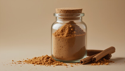 A clear glass jar filled with finely ground cinnamon, accompanied by cinnamon sticks