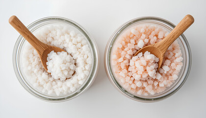 White and Pink Coarse Salt in Glass Jars with Wooden Spoons

