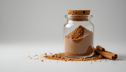 A clear glass jar filled with finely ground cinnamon, accompanied by cinnamon sticks
