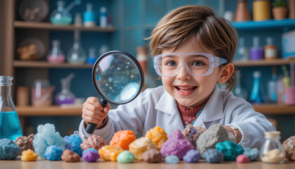 Curious Child Exploring Minerals and Science in Vibrant Laboratory Setting