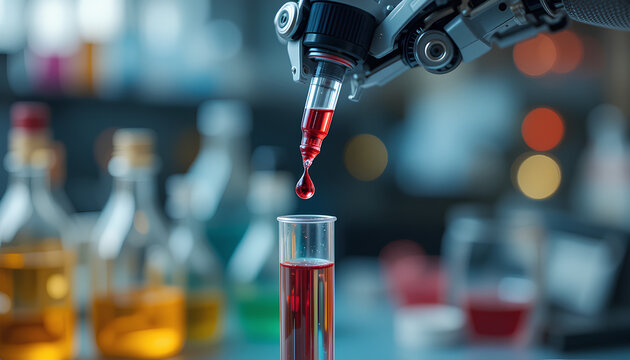 Robotic Precision in Laboratory with Focus on Red Liquid Transfer - Powered by Adobe
