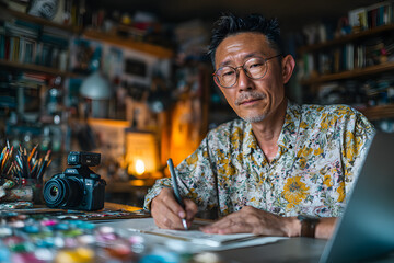 Asian school male teacher working from home teachingonline math subject to stuent studying from home. Ma using camera to record hi live in internet. Remote ducation class during covi19 pandemic.