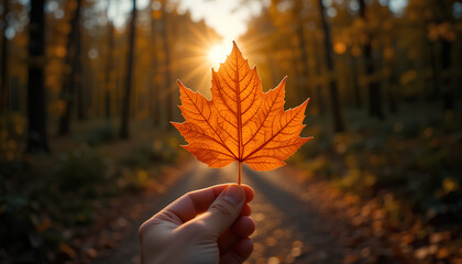 Hand Holding Maple Leaf Against Sunlight in a Forest During Autumn