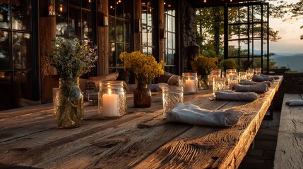 Obraz premium Rustic table set with flowers and candles at dusk, mountain view backdrop