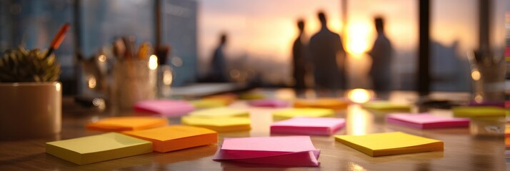 Sticky notes on desk with city sunset background