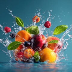 splashing fruits and leaves concept for healthy eating