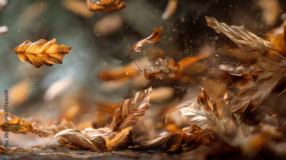 Poster a captivating close up of falling autumn leaves with a blurred background and shallow depth of field