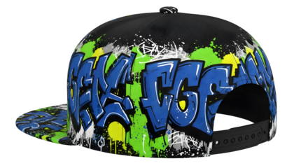 Stylish black baseball cap with vibrant graffiti art for urban fashion appeal