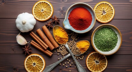 Exquisite spices and aromatic herbs on rustic wood table evoke culinary artistry and healthy cooking, inspiring delectable dishes for discerning chefs