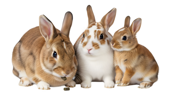 Three adorable rabbits posing together in a studio setting with a