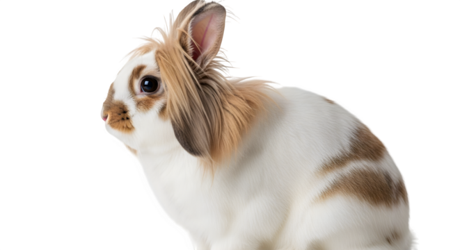 Adorable lionhead rabbit with brown and white fur poses against a black backdrop - Powered by Adobe