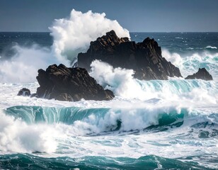 Dramatic ocean waves crashing against dark rocks; whitecaps and frothy spray