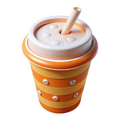 3d orange striped drink cup with straw isolated on transparent background