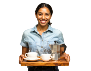 Bed and Breakfast Innkeeper Holding Coffee Welcome Tray, isolated on transparent background PNG