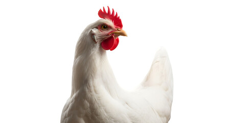 Elegant white chicken with bright red comb posing against a stark black backdrop