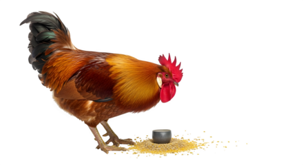 Beautiful rooster eating grains from a bowl against a stark