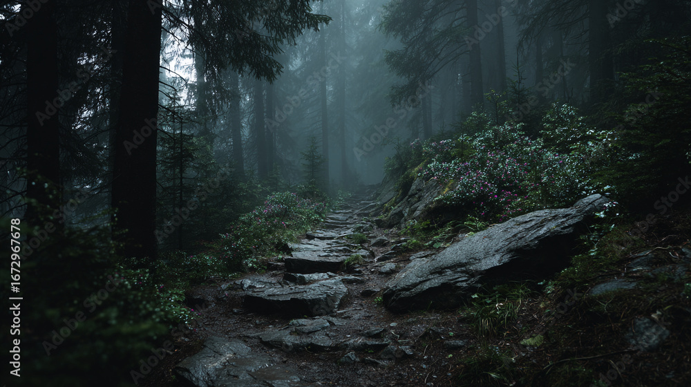 Poster a misty forest path with large rocks and dense trees in a dark and atmospheric setting outdoors