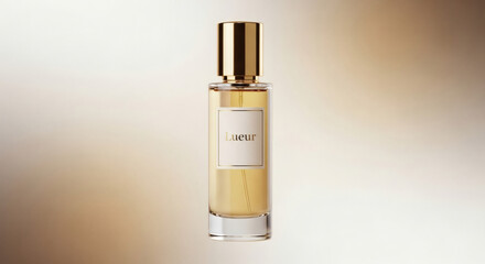 A perfume bottle with golden cap and a white label that says lueur on a gradient background studio shot