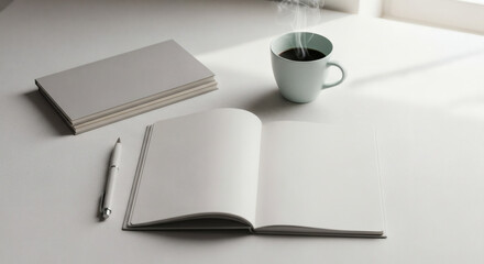 Still life of open notebook, pen, stack of books, and coffee cup on white table near window light