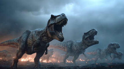 Dinosaur Clash Under Stormy Skies