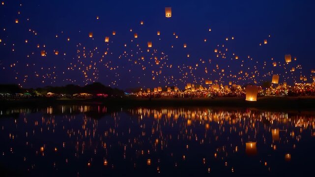 Lantern festival on the lake, beautiful and cinematic view