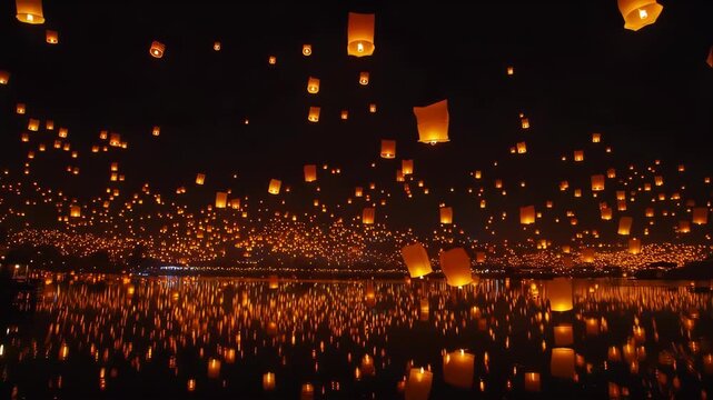 Lantern festival on the lake, beautiful and cinematic view
