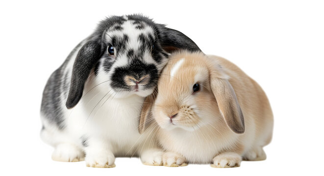 Two adorable lop rabbits cuddling together looking at camera