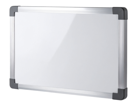 Angled Side View of Blank White Board with Silver Frame, isolated on transparent background PNG