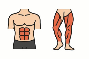 Flat illustration highlighting core abs and leg muscles, symbolizing the importance of balanced fitness training with both abdominal and lower body workouts, suitable for health and exercise content.
