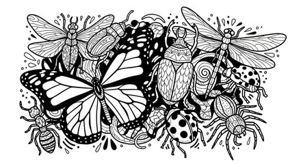 Detailed insect pattern illustration on isolated white background, intricate butterfly, dragonfly, and beetle line art design.