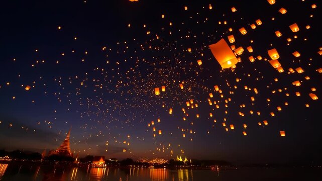 Lantern festival on the lake, beautiful and cinematic view