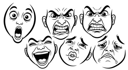 Set of Cartoon Black and White Facial Expressions on Isolated White Background, depicting human emotions like anger, surprise, and laughter.