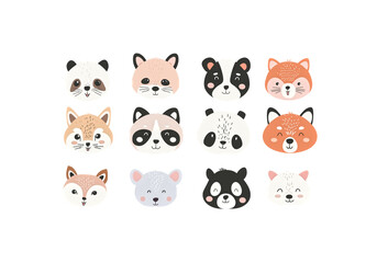 Cartoon animal heads like cats, dogs, foxes, pandas, pastel kawa