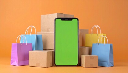 A smartphone with a green screen surrounded by shopping bags and cardboard boxes.