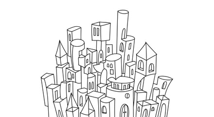 Hand-Drawn Doodle City Skyline with Buildings and Skyscrapers on Isolated White Background, cartoon urban landscape.