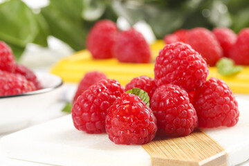 Fresh Red Raspberries on Wooden Board - Healthy Organic Berry Food Photography
