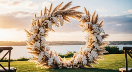 Round floral arch, tan pampas grass, cream orchids, lake view, outdoor wedding backdrop