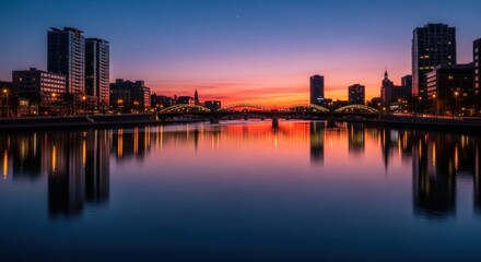 City skyline at dawn, reflected in calm river waters.  Sunrise colors paint the sky.  Buildings and bridge silhouettes are prominent