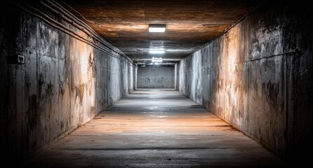Dark, long tunnel; concrete walls, lit center
