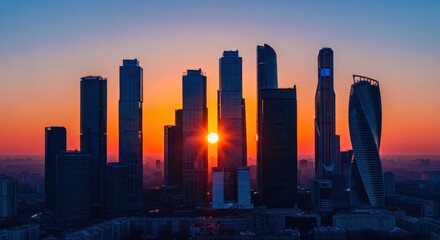 Silhouetted skyscrapers pierce a vibrant sunrise over a city